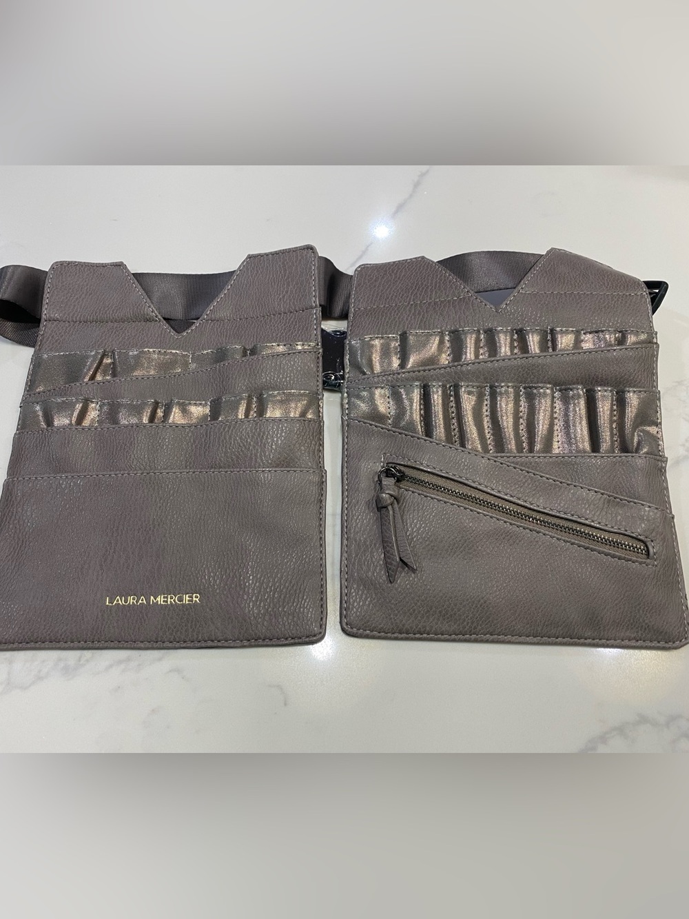 Laura Mercier Gray Leather makeup brush belt pouch New
